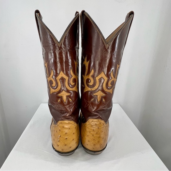 Sterling Brown and Tan Two-Tone Ostrich Leather Pointed Toe Cowboy Boots - Picture 6 of 11